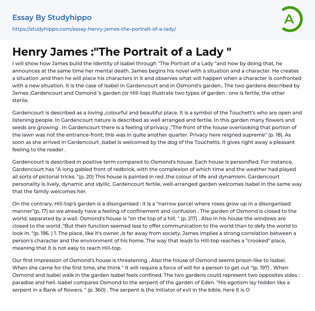Henry James :”The Portrait of a Lady ” Essay Example