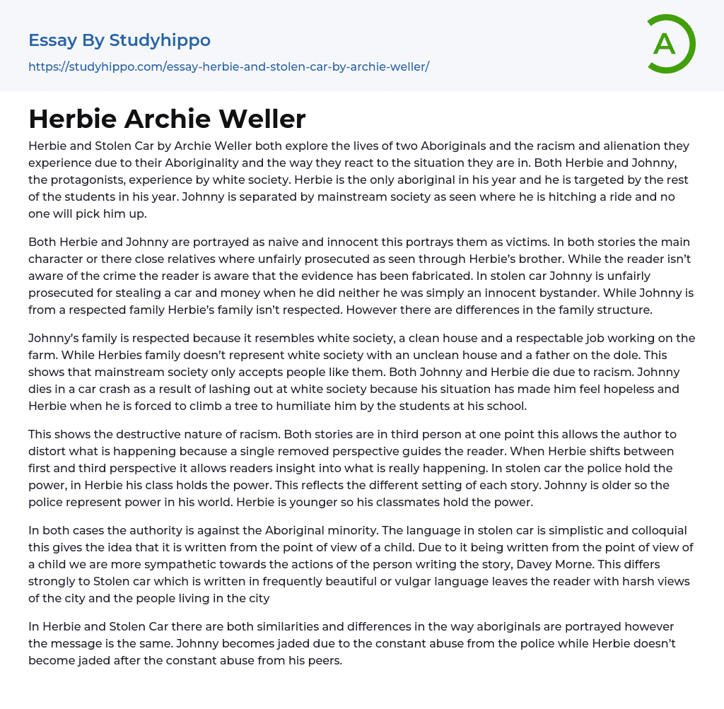 Herbie Archie Weller Essay Example | StudyHippo.com