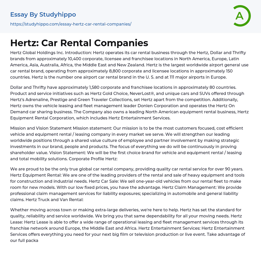 Hertz: Car Rental Companies Essay Example