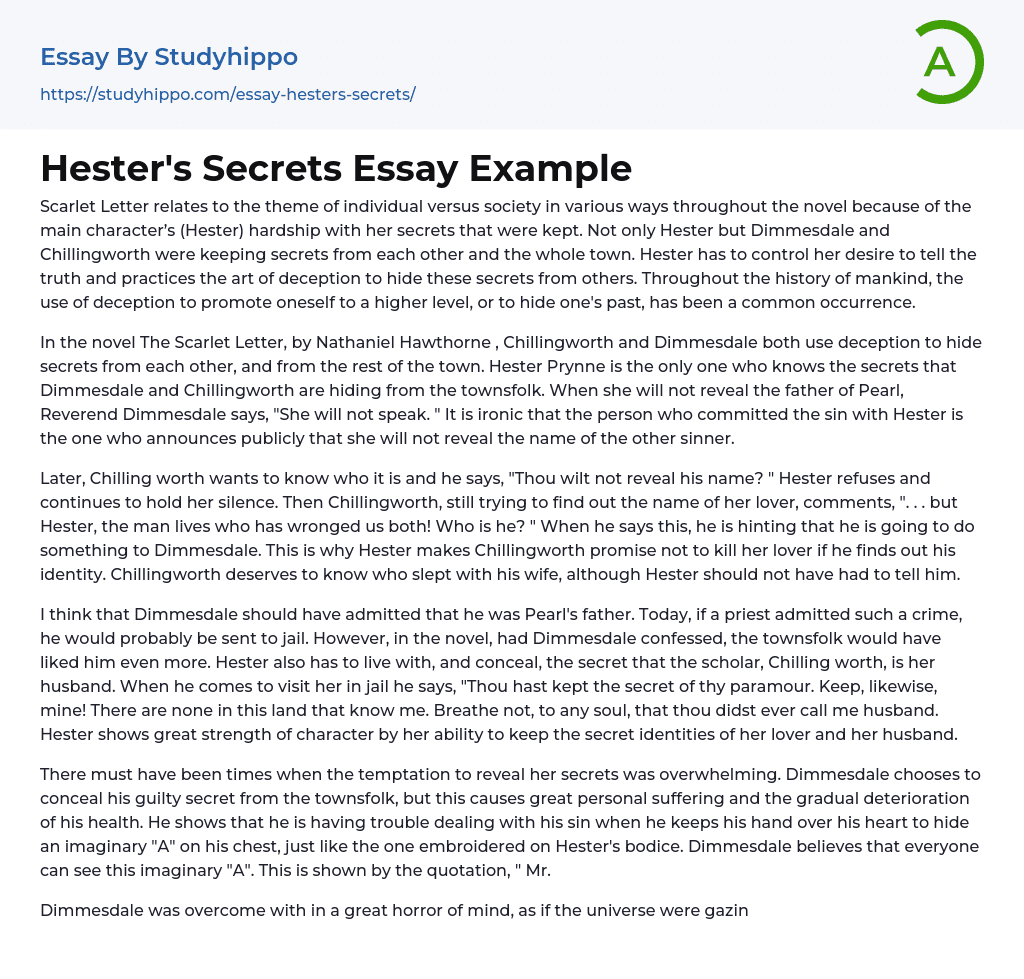 Hester’s Secrets Essay Example