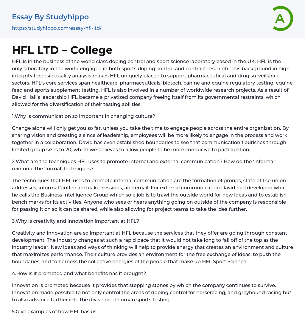 HFL LTD – College Essay Example