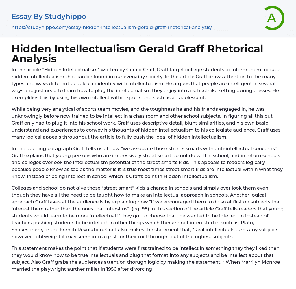 Hidden Intellectualism Gerald Graff Rhetorical Analysis Essay Example