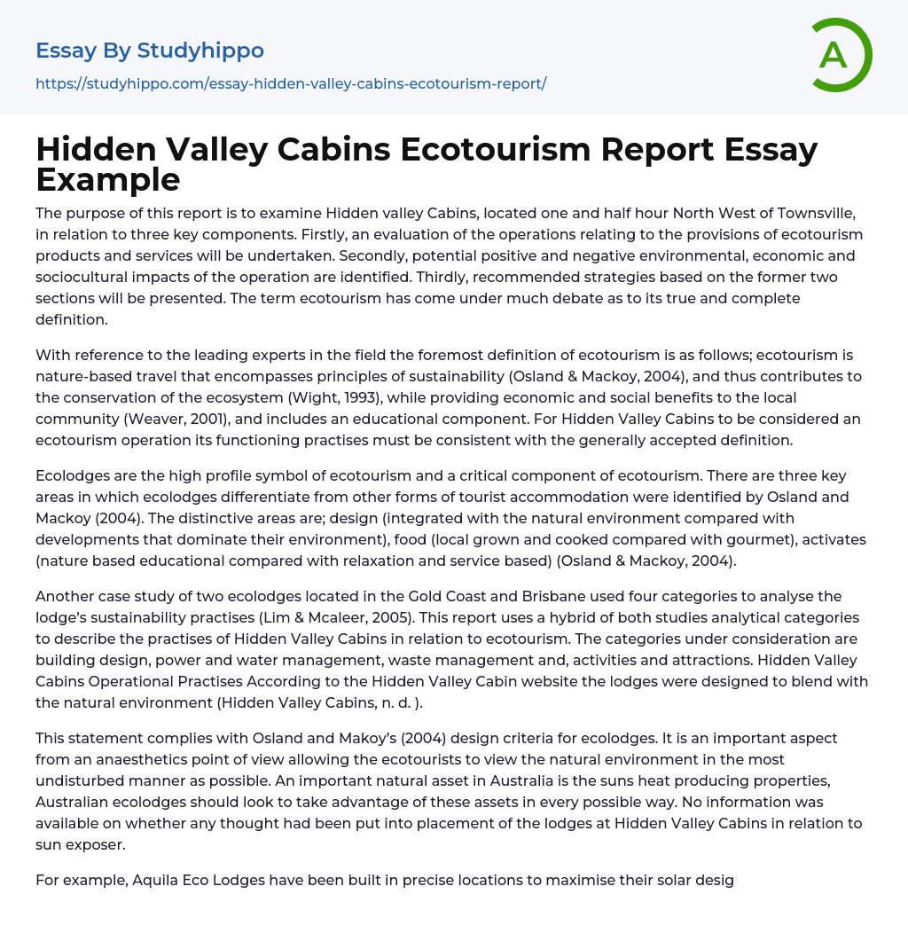 Hidden Valley Cabins Ecotourism Report Essay Example