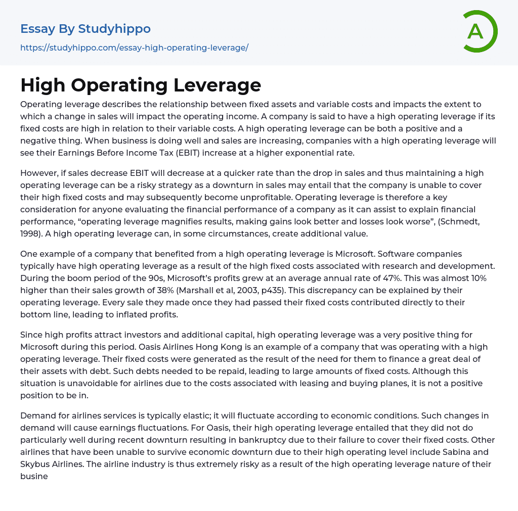 High Operating Leverage Essay Example