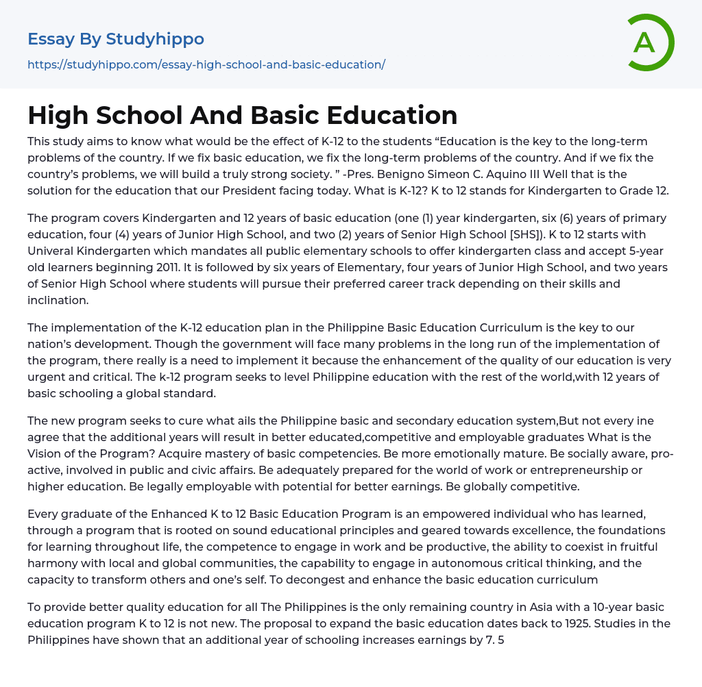 High School And Basic Education Essay Example
