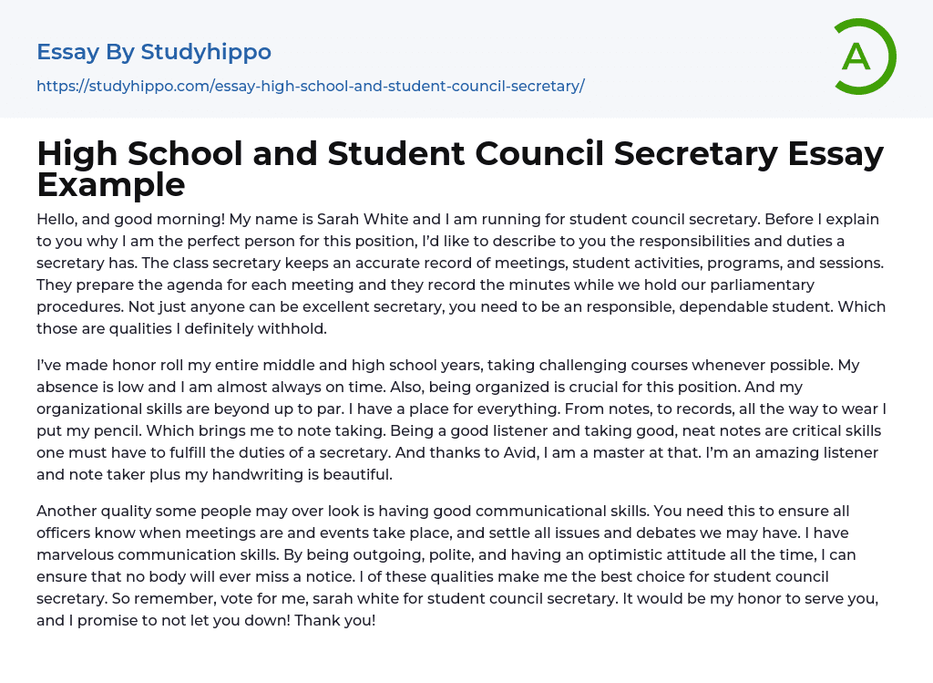 High School and Student Council Secretary Essay Example