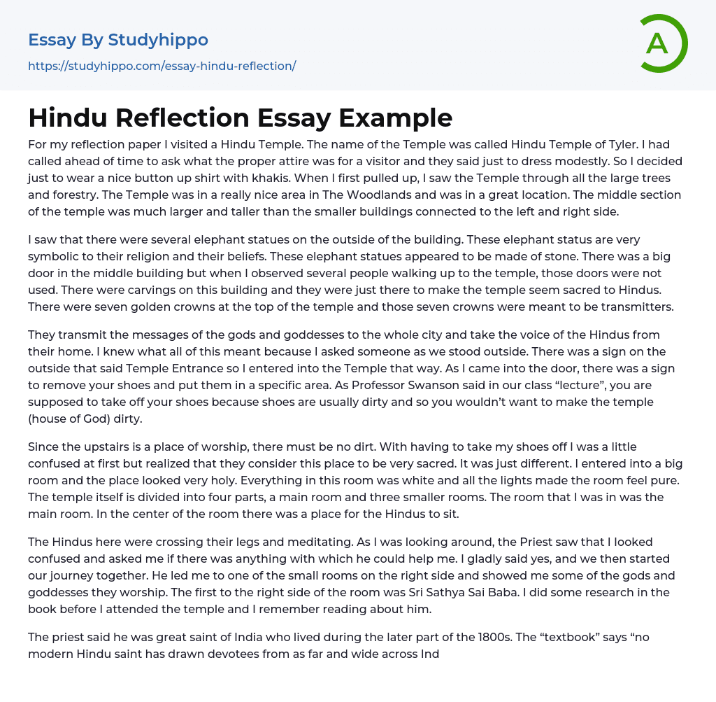 Hindu Reflection Essay Example