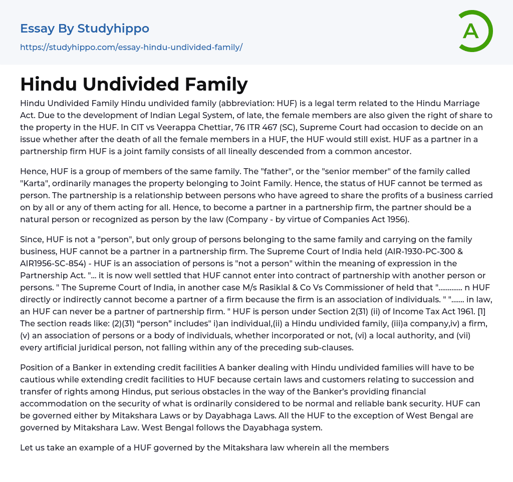 Hindu Undivided Family Essay Example