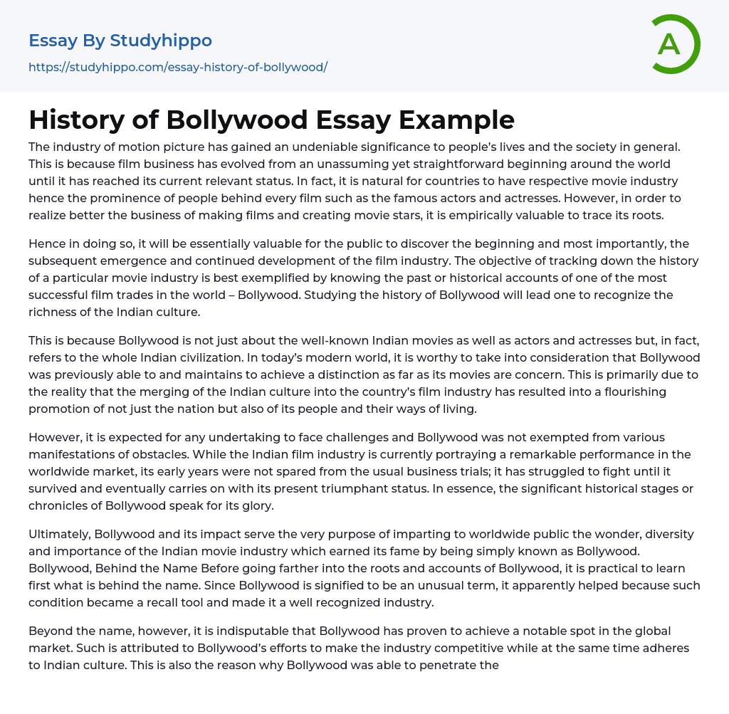 History of Bollywood Essay Example