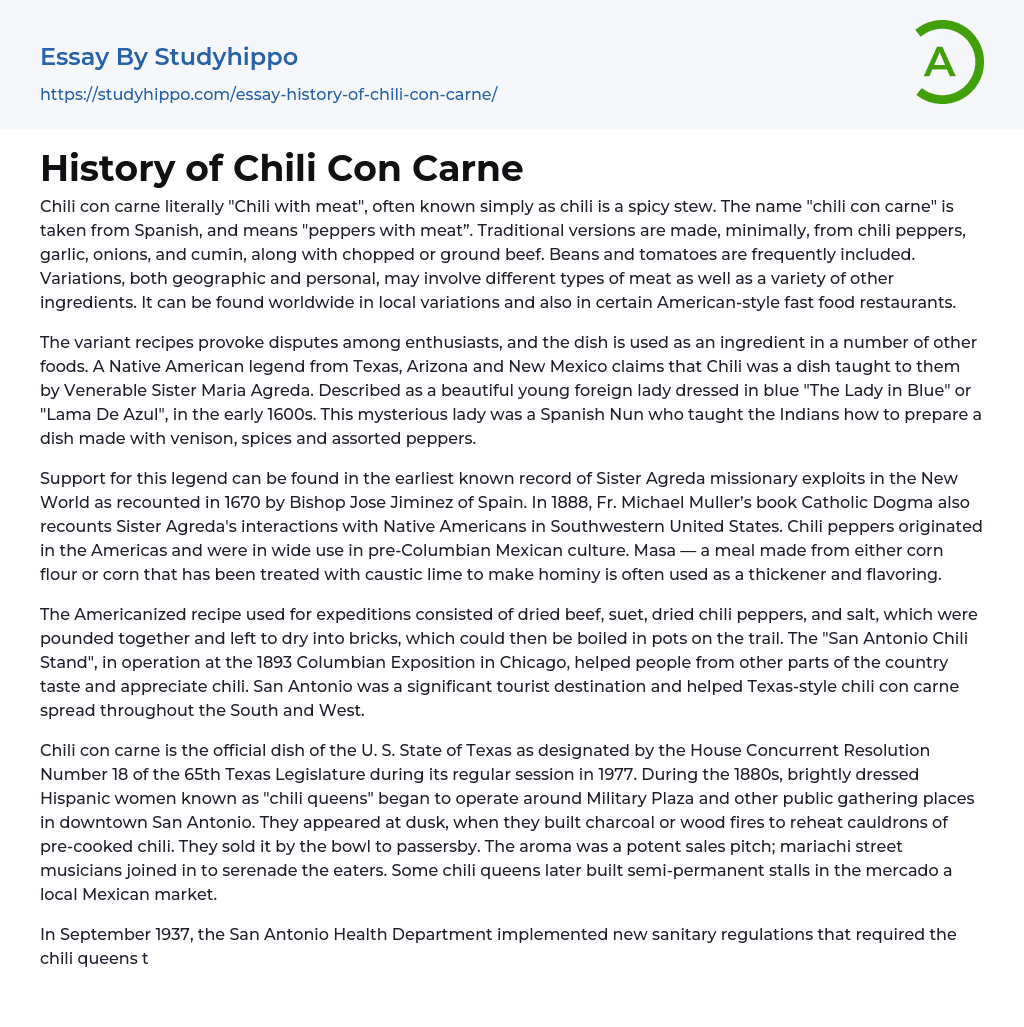 History of Chili Con Carne Essay Example