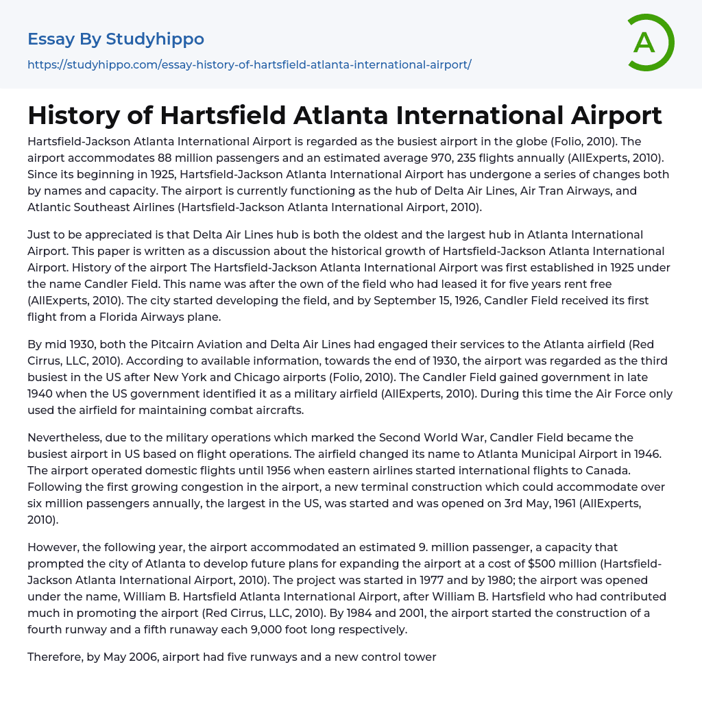 History of Hartsfield Atlanta International Airport Essay Example