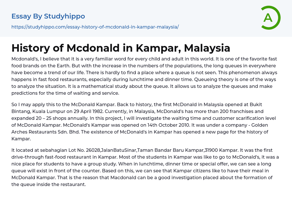 History of Mcdonald in Kampar, Malaysia Essay Example