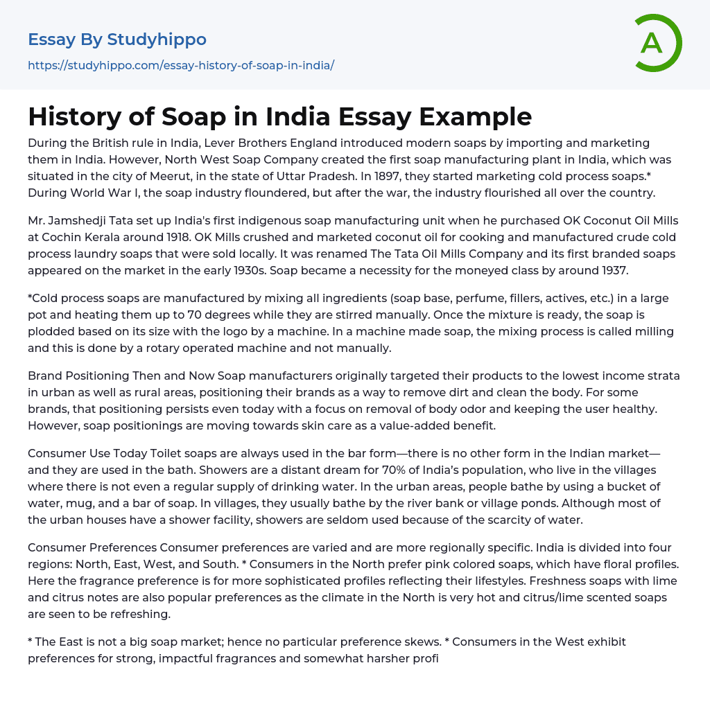 History of Soap in India Essay Example