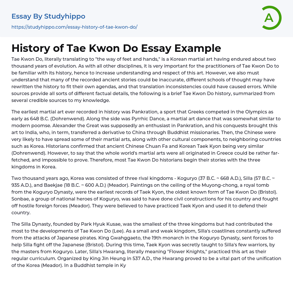 the history of taekwondo essay