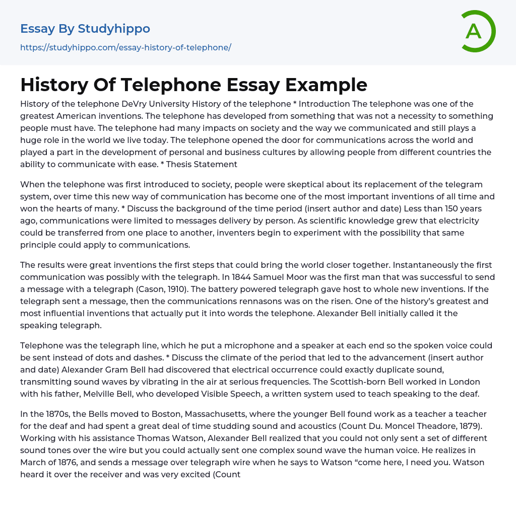 History Of Telephone Essay Example