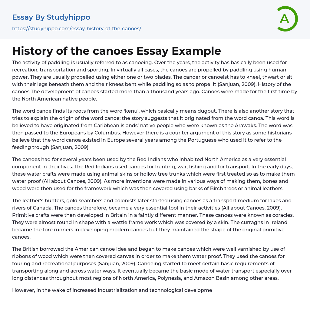 History of the canoes Essay Example