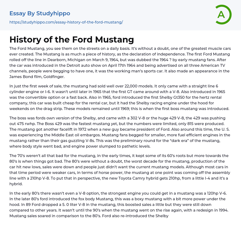 History of the Car Ford Mustang Essay Example