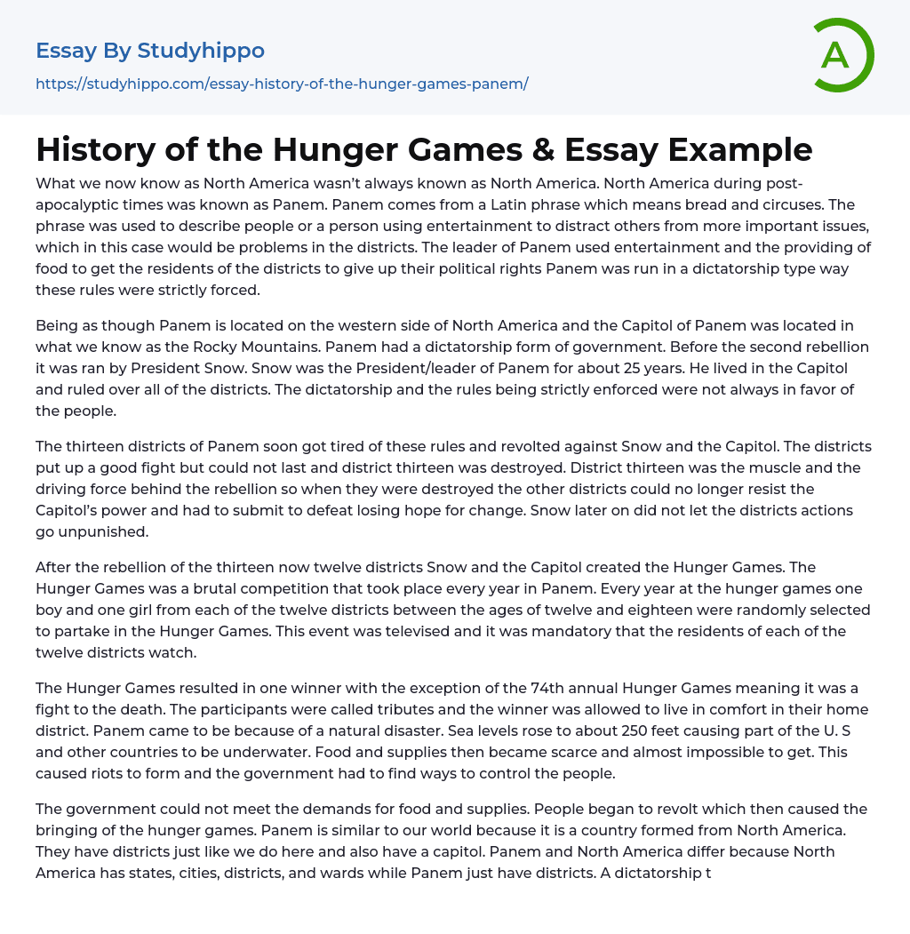 History of the Hunger Games &amp Essay Example