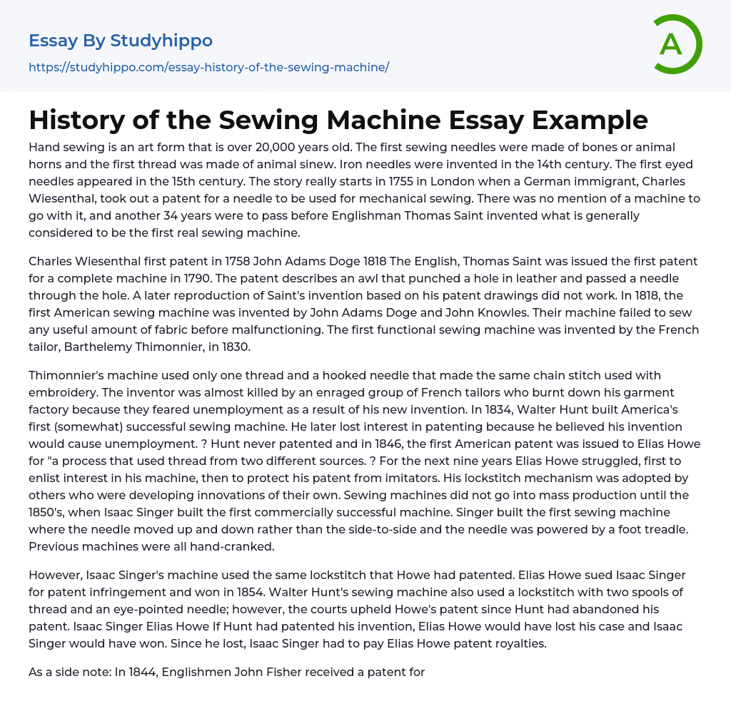 History of the Sewing Machine Essay Example