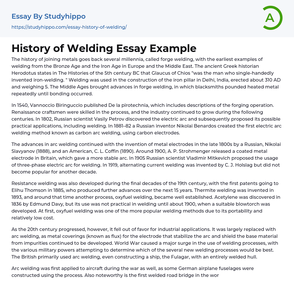History of Welding Essay Example