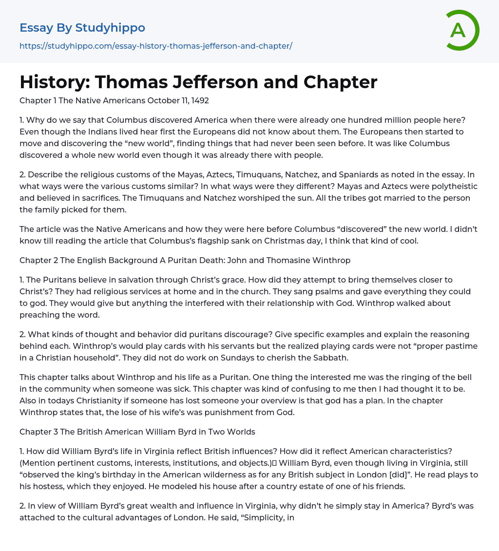 History Thomas Jefferson: Questions and Answers by Chapter Essay Example