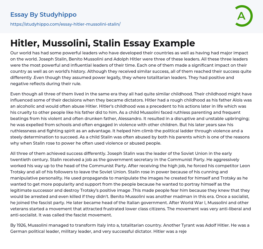 Hitler, Mussolini, Stalin Essay Example