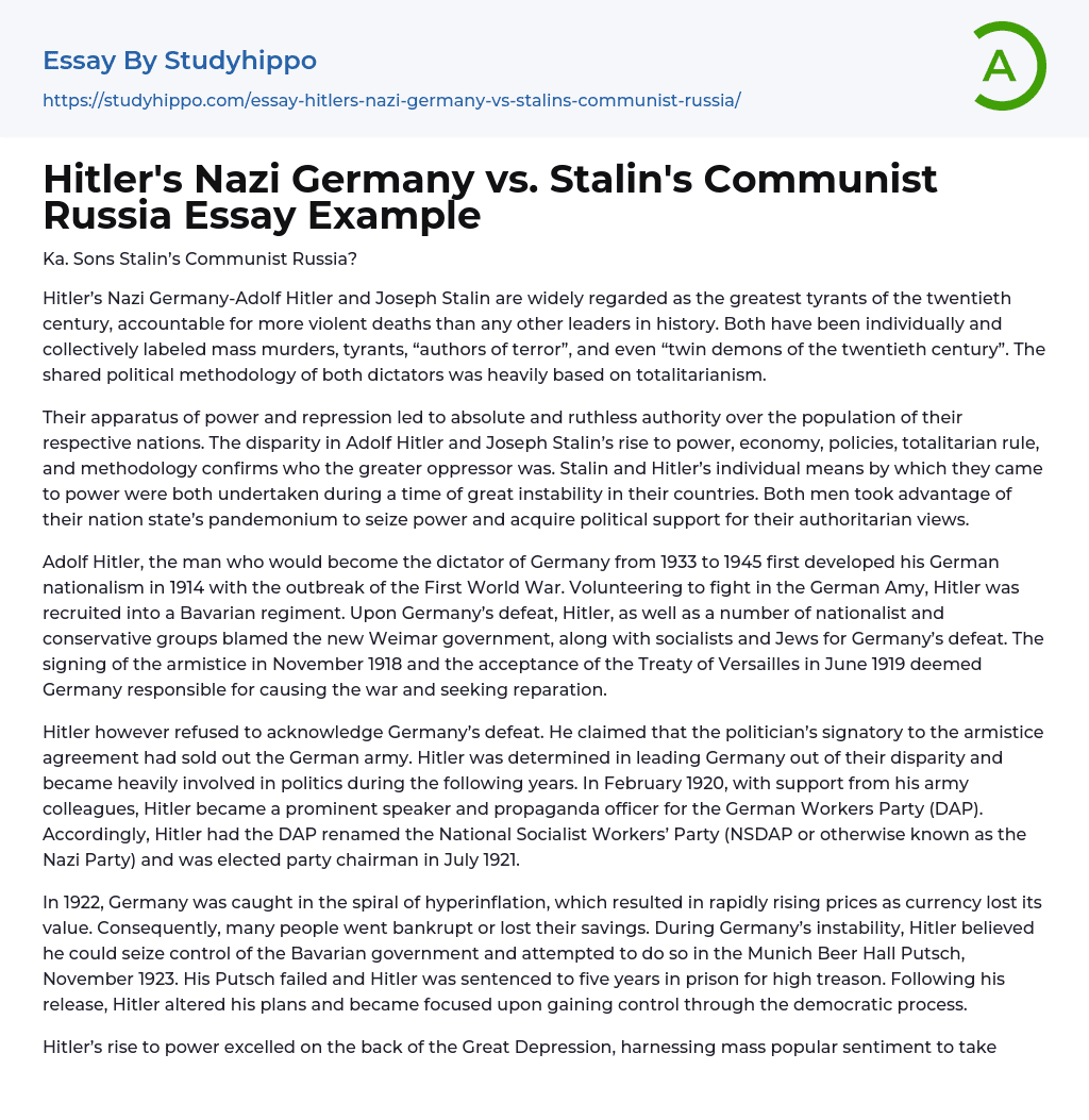 Hitler’s Nazi Germany vs. Stalin’s Communist Russia Essay Example