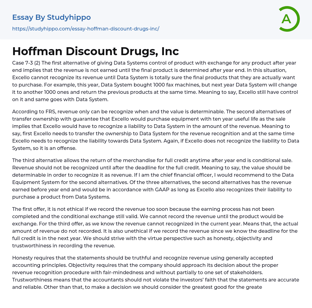 Hoffman Discount Drugs, Inc Essay Example
