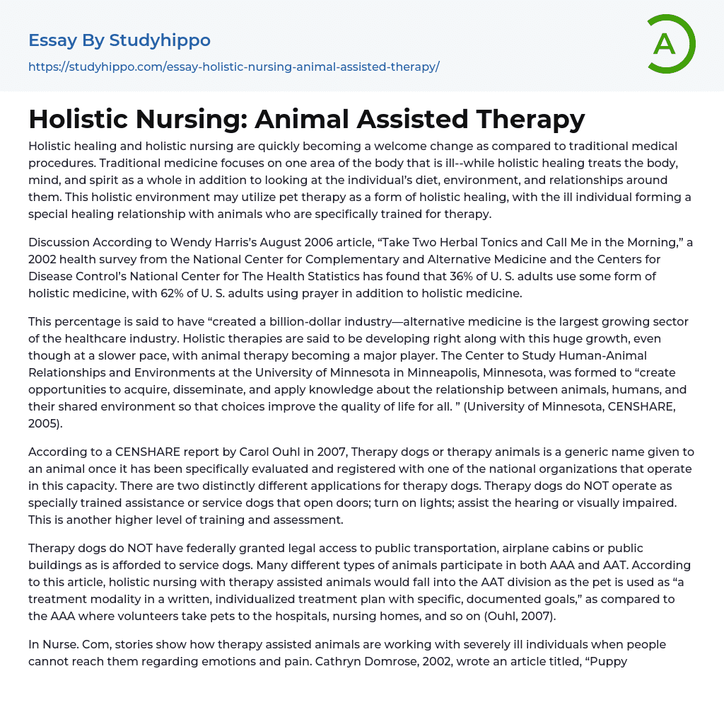 Holistic Nursing: Animal Assisted Therapy Essay Example