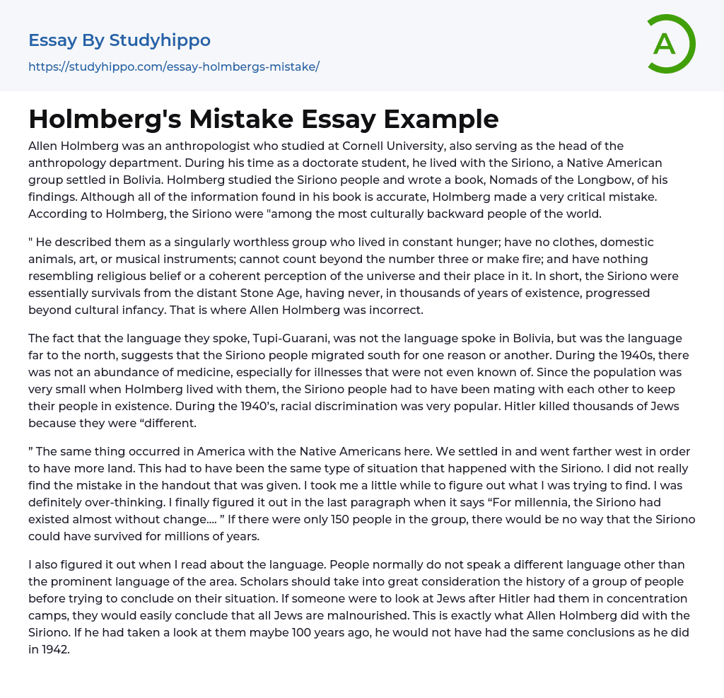 Holmberg’s Mistake Essay Example