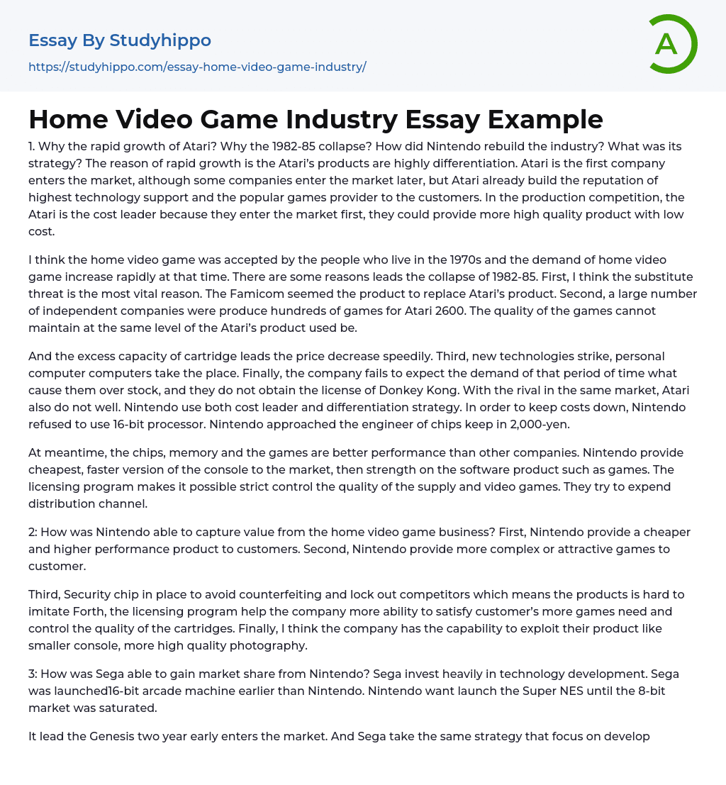 Home Video Game Industry Essay Example