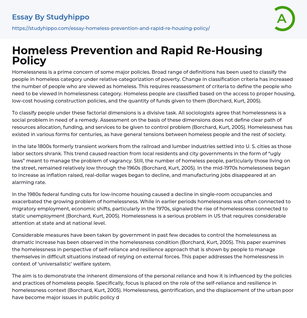Homeless Prevention and Rapid Re-Housing Policy Essay Example