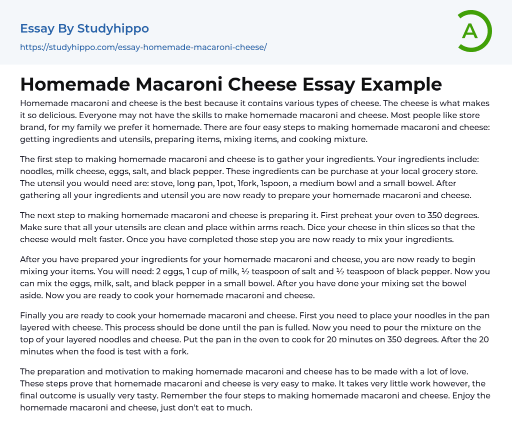 Homemade Macaroni Cheese Essay Example