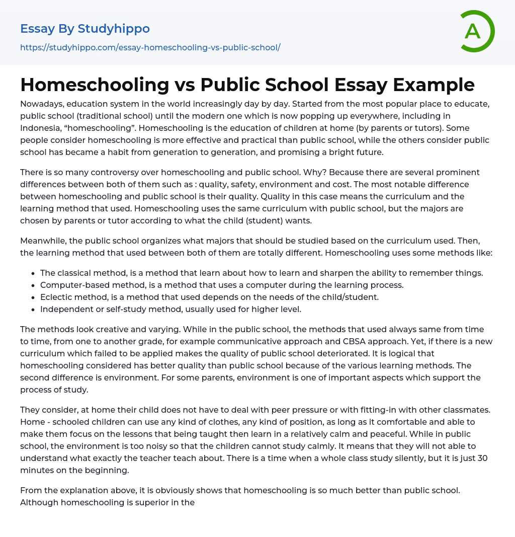 Homeschooling vs Public School Essay Example