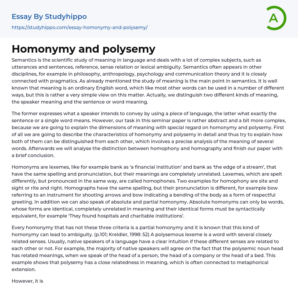 Homonymy and polysemy Essay Example