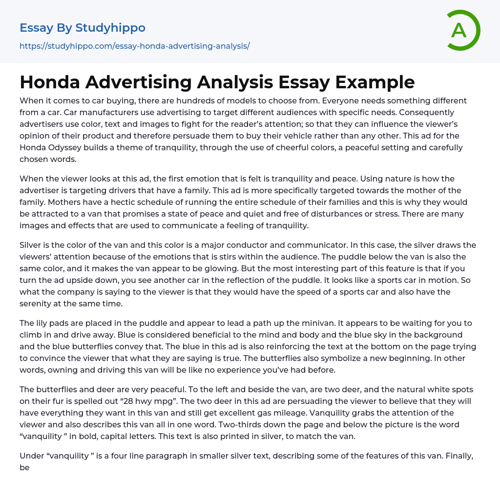 Honda Advertising Analysis Essay Example