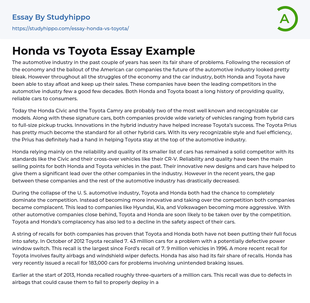 Honda vs Toyota Essay Example