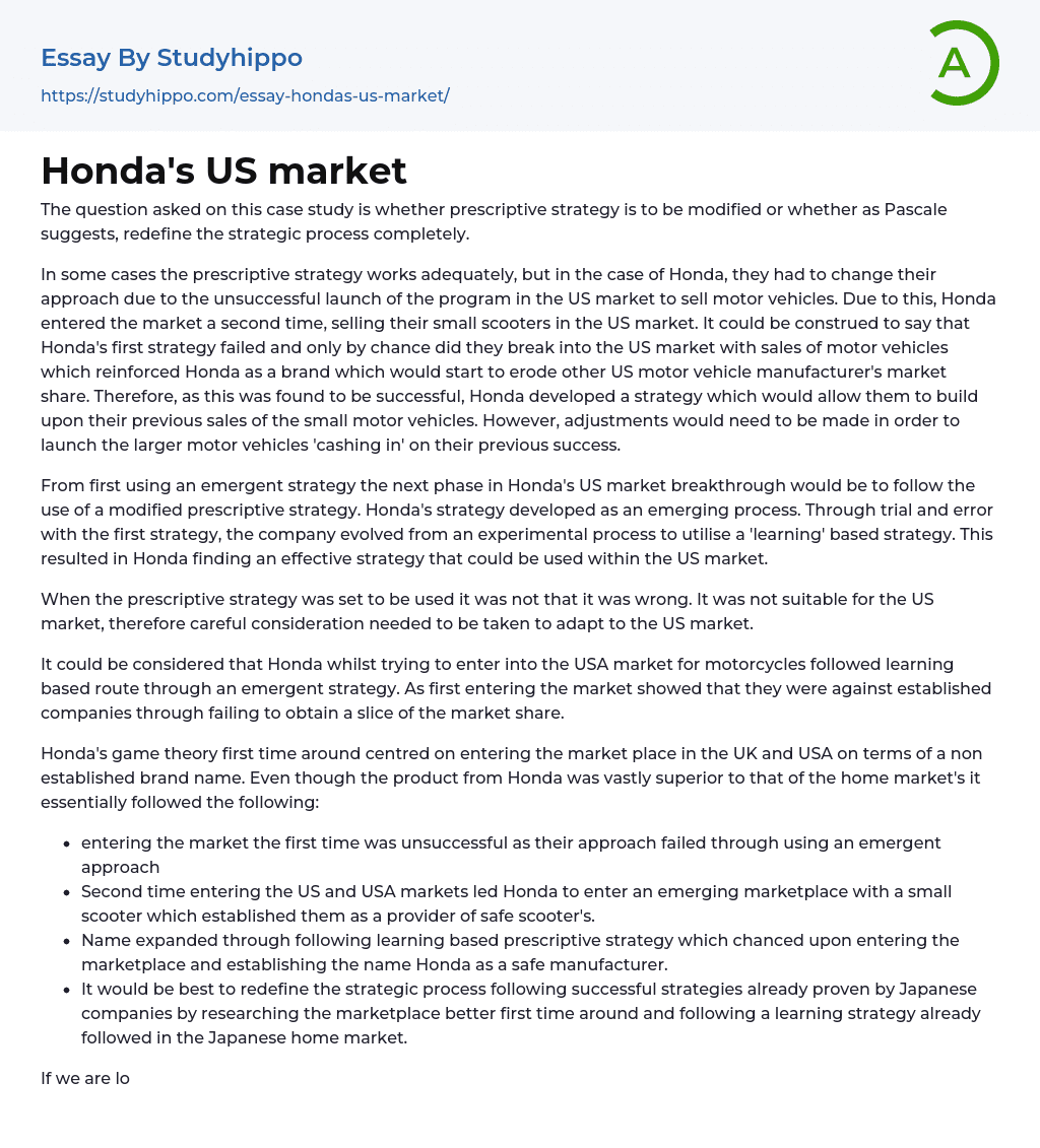 Honda’s US market Essay Example