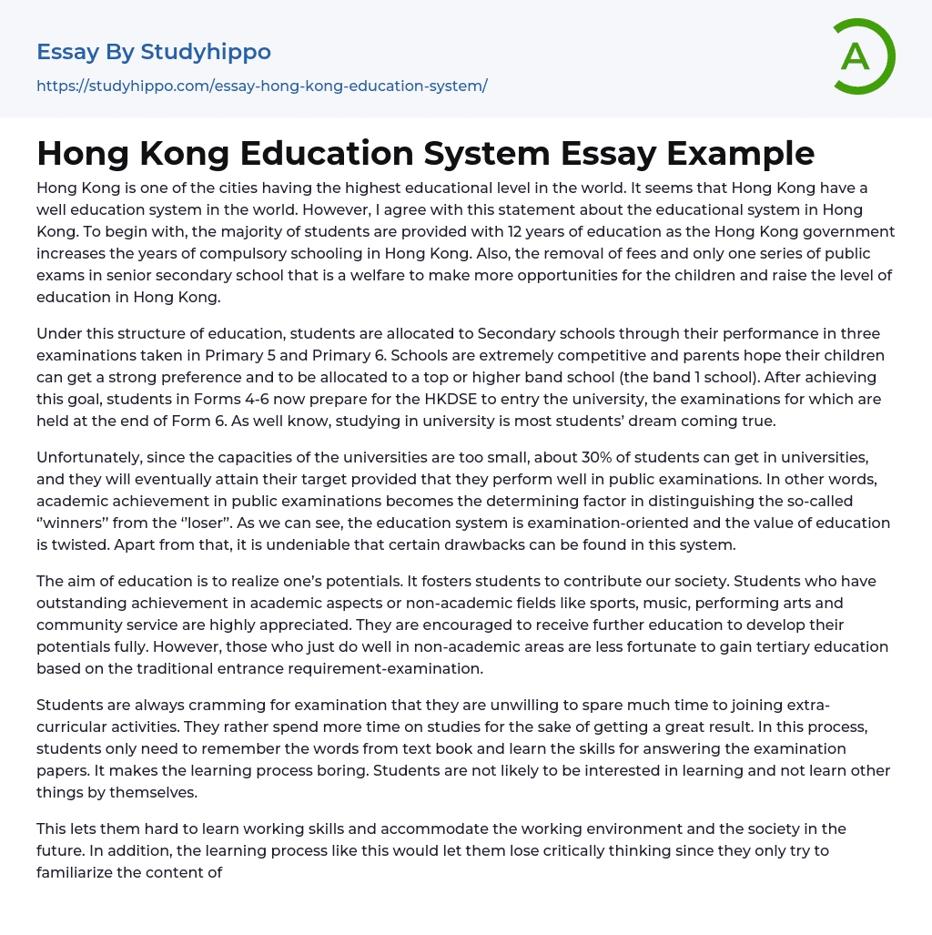 Hong Kong Education System Essay Example