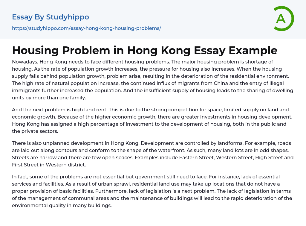 Housing Problem in Hong Kong Essay Example