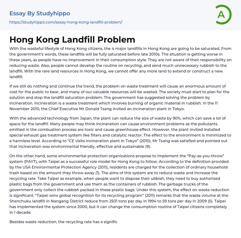 Hong Kong Landfill Problem Essay Example