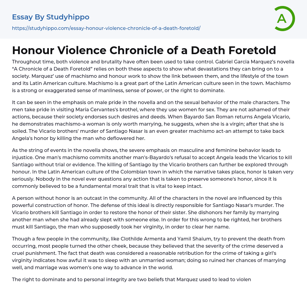 Honour Violence Chronicle of a Death Foretold Essay Example