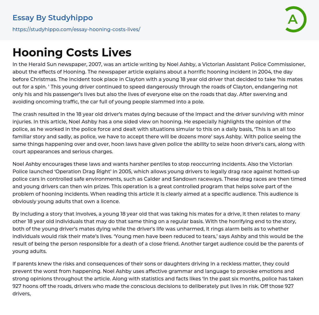Hooning Costs Lives Essay Example