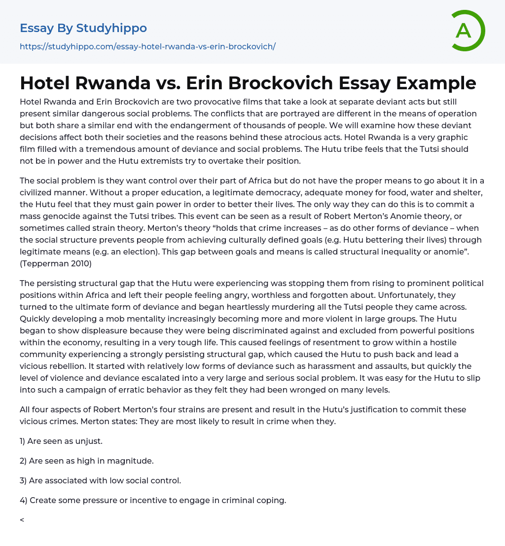 Hotel Rwanda vs. Erin Brockovich Essay Example