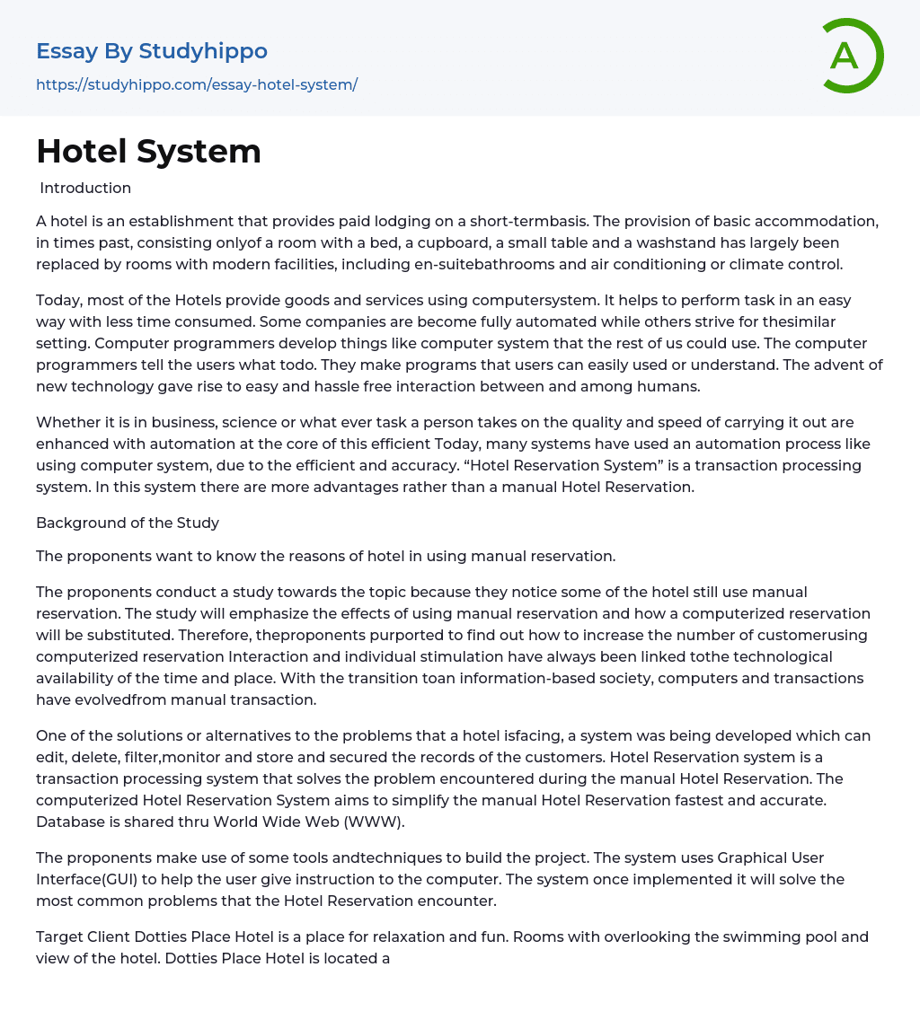 Hotel System Essay Example