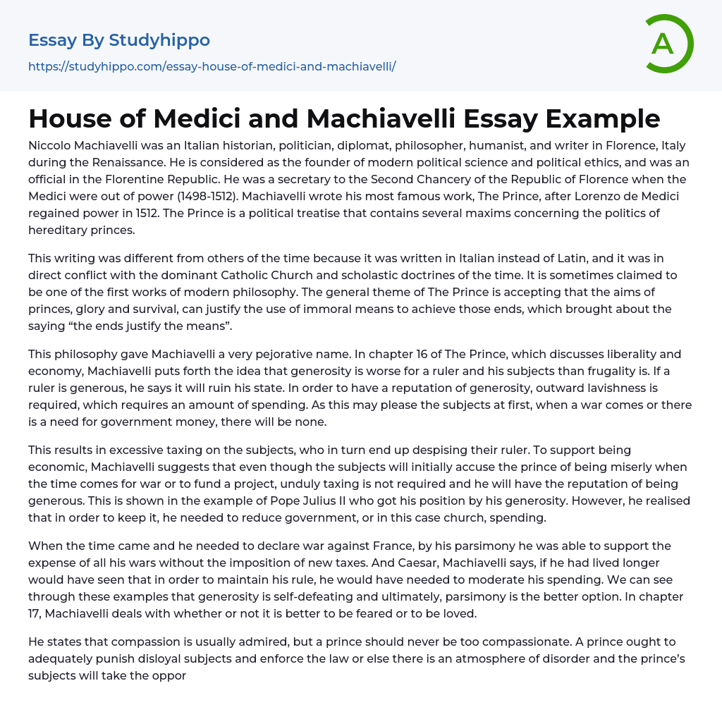 House of Medici and Machiavelli Essay Example