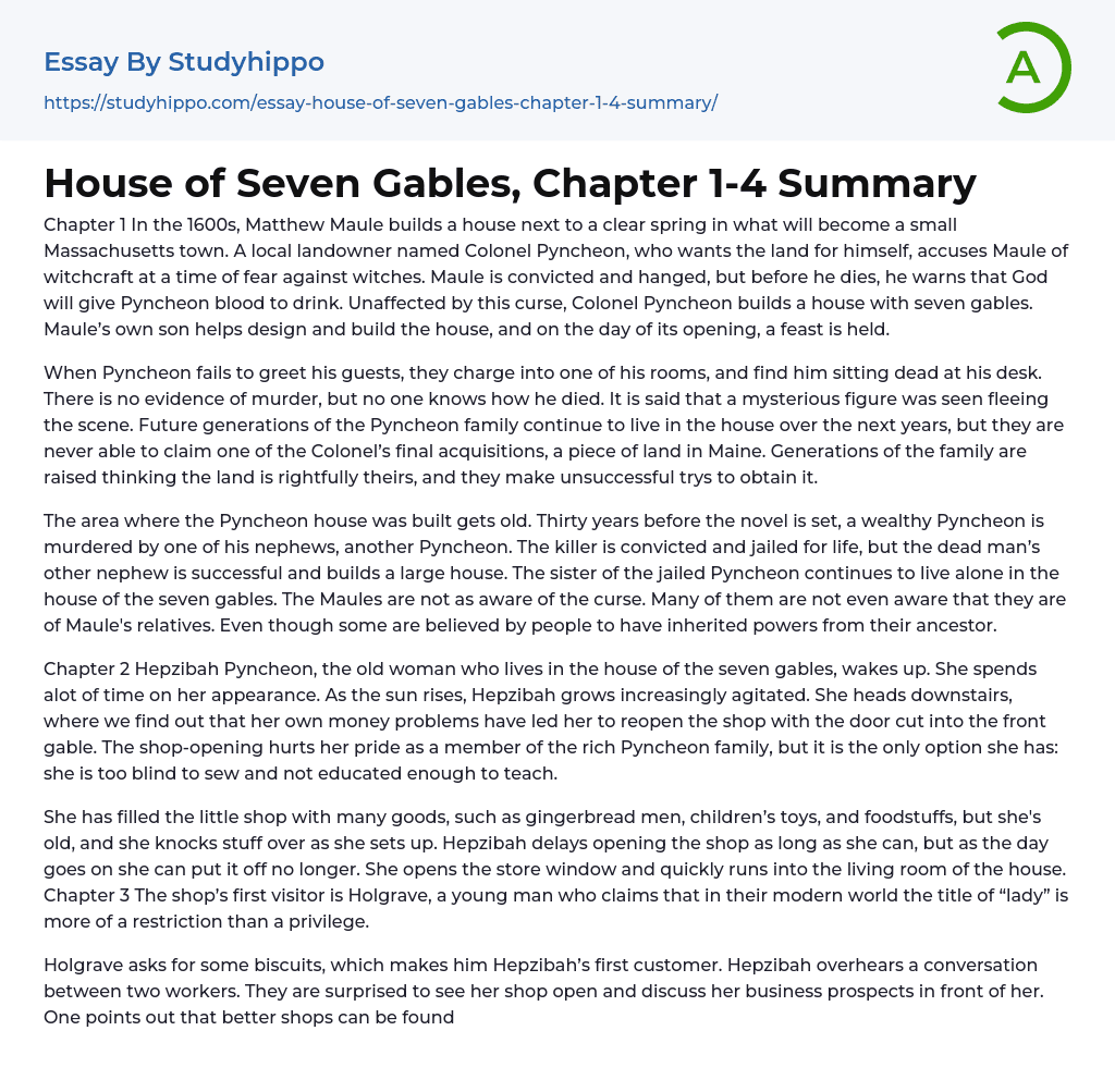 House of Seven Gables, Chapter 1-4 Summary Essay Example