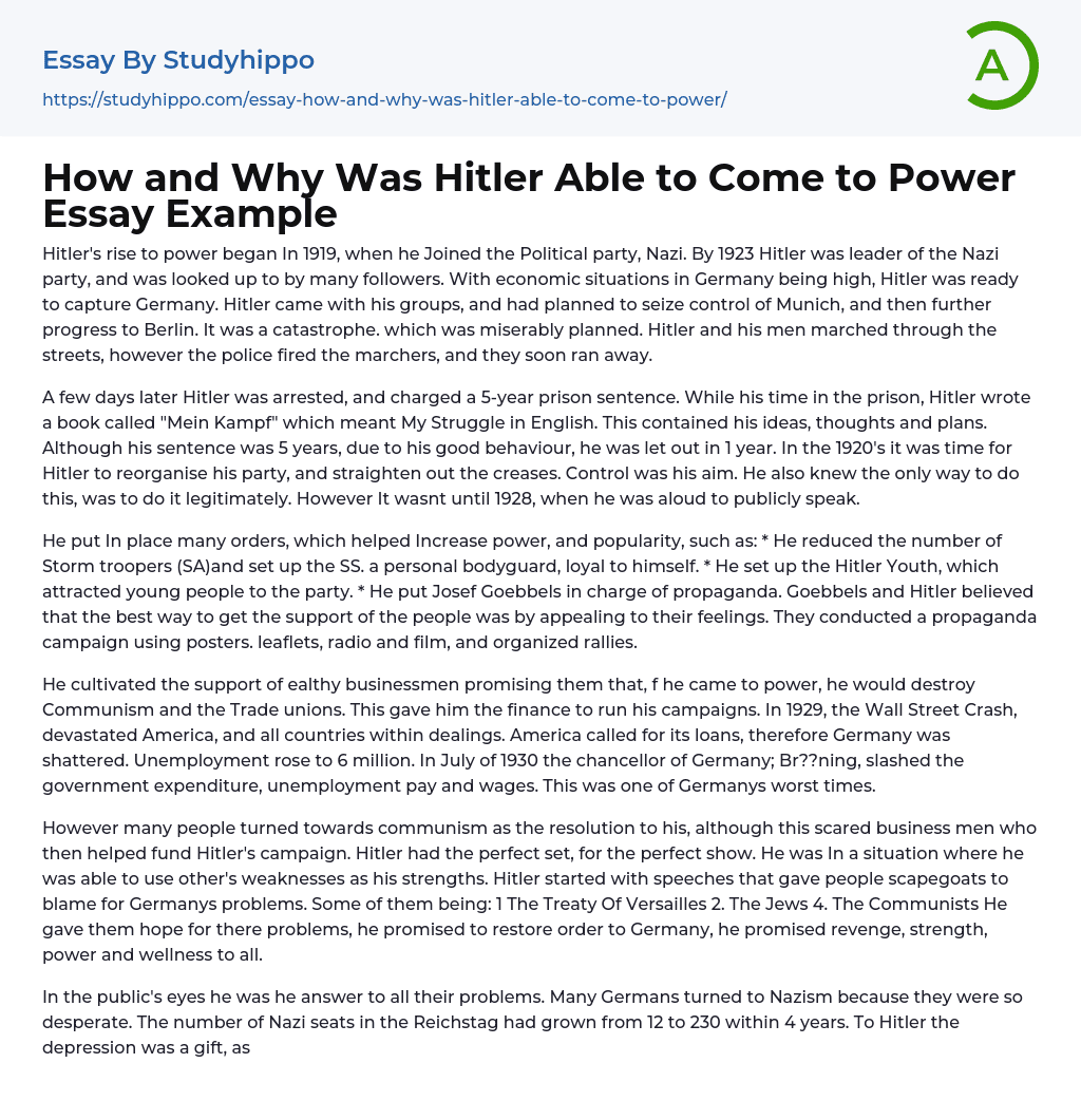 How and Why Was Hitler Able to Come to Power Essay Example