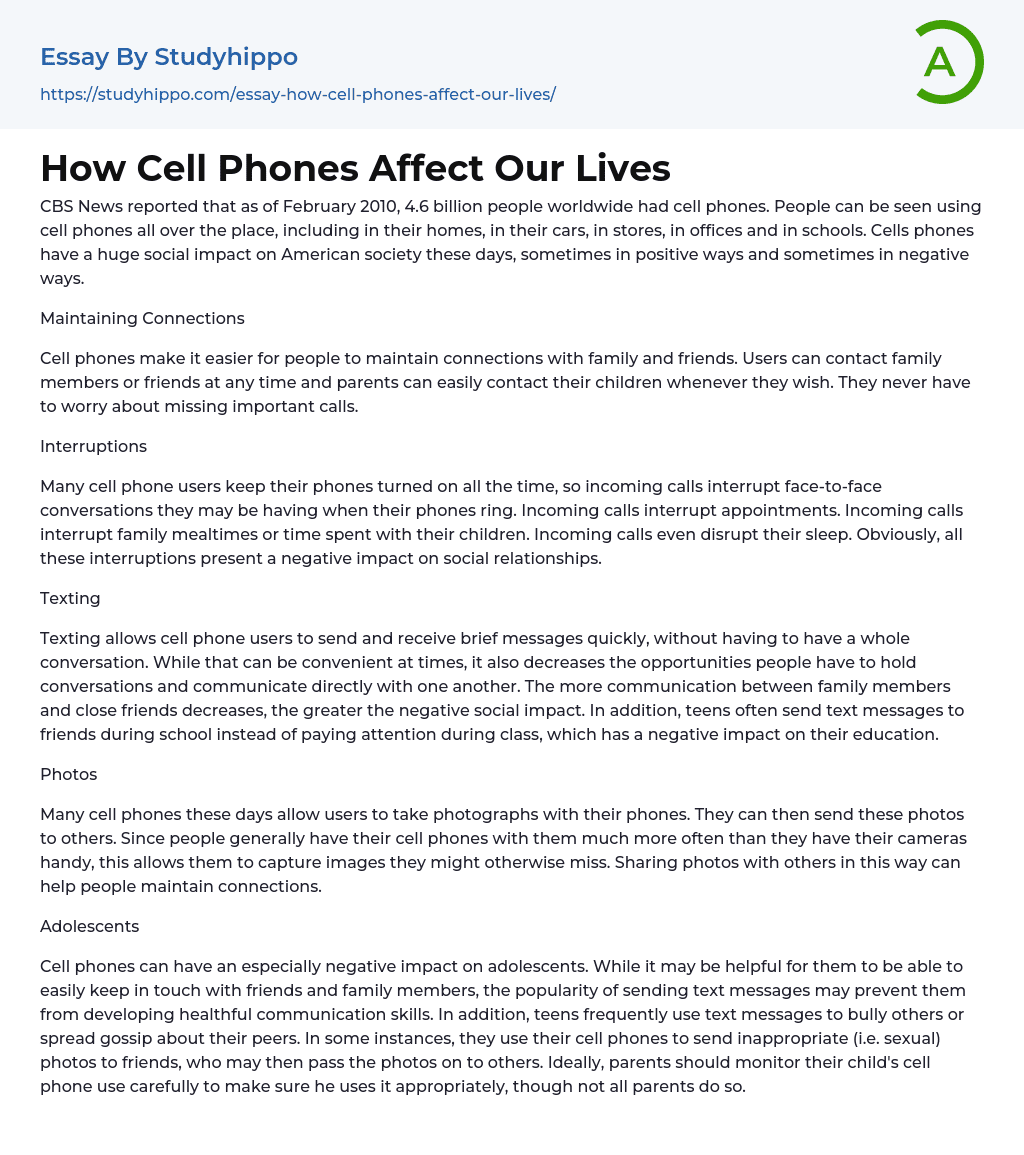 How Cell Phones Affect Our Lives Essay Example