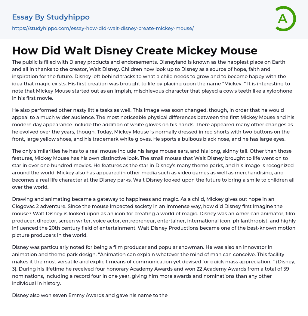 How Did Walt Disney Create Mickey Mouse Essay Example